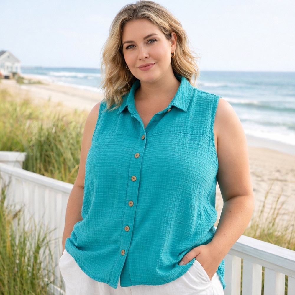 Vermont Country‎ Store Womens 2X Turquoise Seersucker Sleeveless Button Down Top